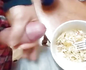 Hand job & jizz shot at pasta plate and slurp it