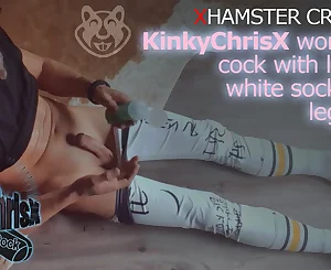 KinkyChrisX works his hairless manstick with lubricant in milky socks and stretch pants WITH Pop-shot